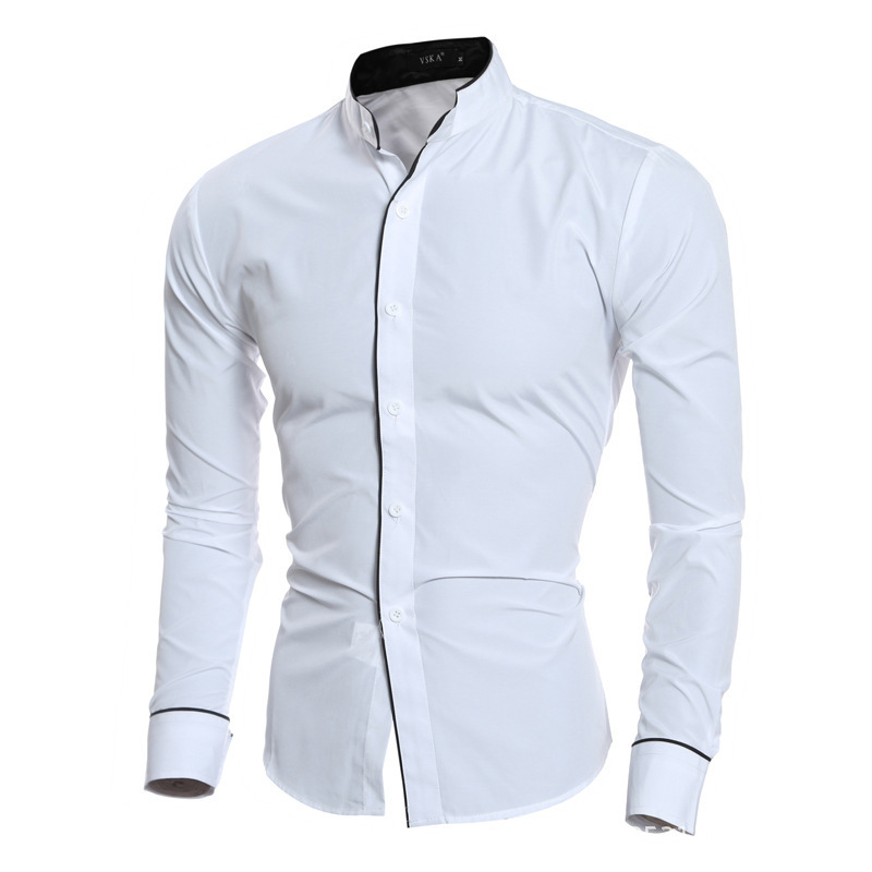 Men Slim Fit Solid Color Long  - Mandarin Collar Formal Shirt Slim Fit ulasan dan harga