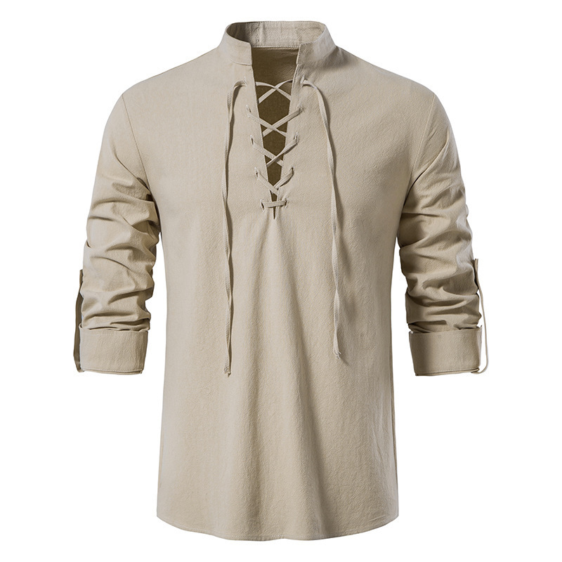 Men's Medieval Lace Up Cotton  - Mens Linen Shirt Long Sleeve ulasan dan harga