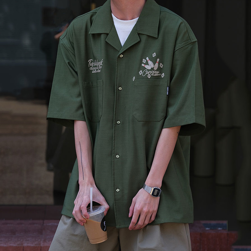 Bowling Embroidery Green Tooli - Short Sleeve Bowling Shirt Retro ulasan dan harga