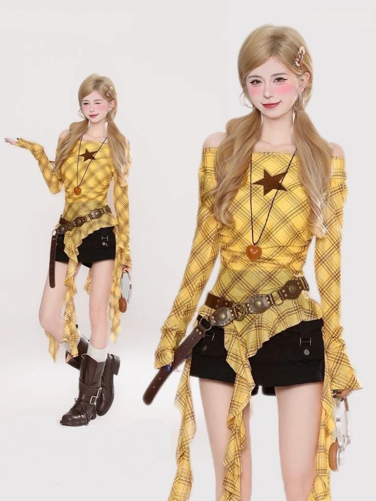 Y2K Plaid Slash Neck Vintage T - Shirts ulasan dan harga