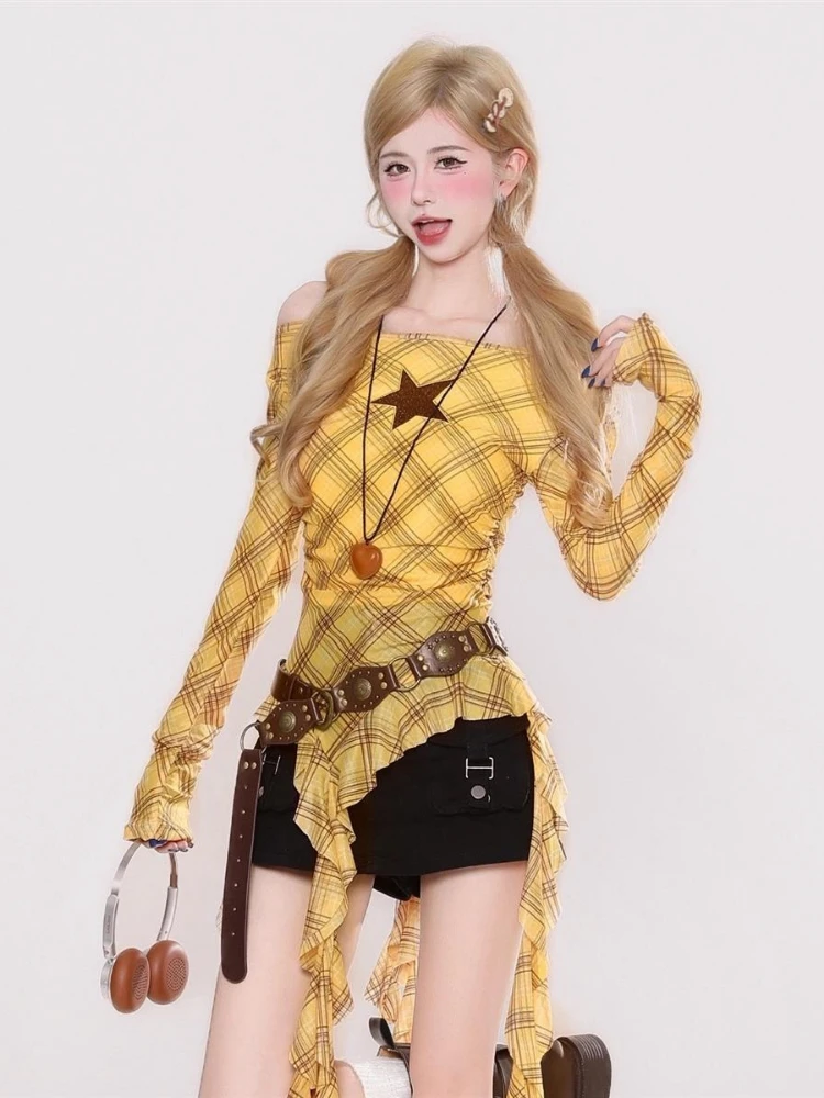 Y2K Plaid Slash Neck Vintage T - Shirts ulasan dan harga
