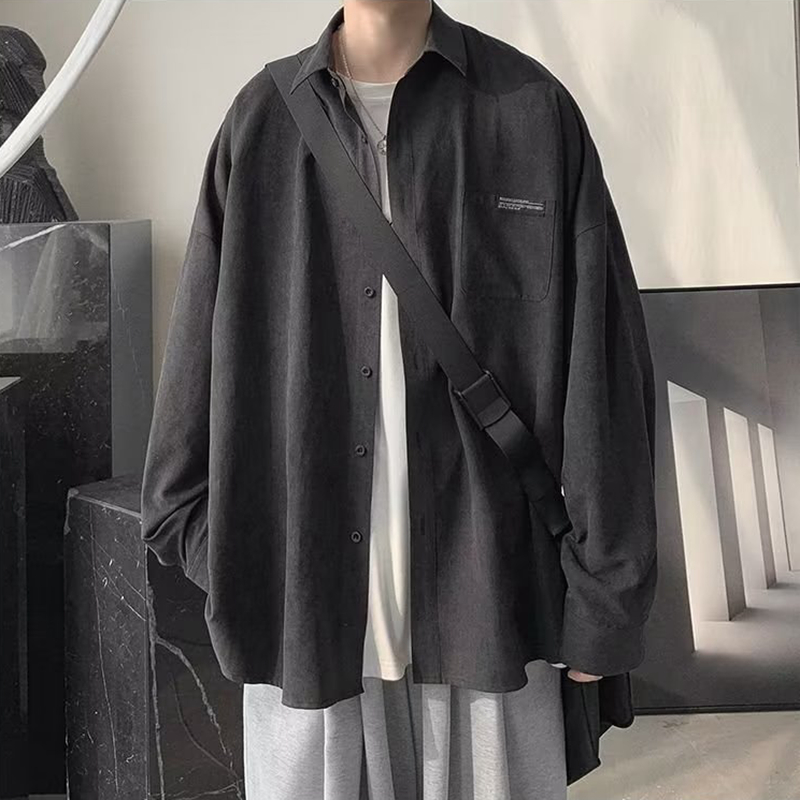 Korean Fashion Black Long Slee - Corduroy Button Up Shirt Men ulasan dan harga
