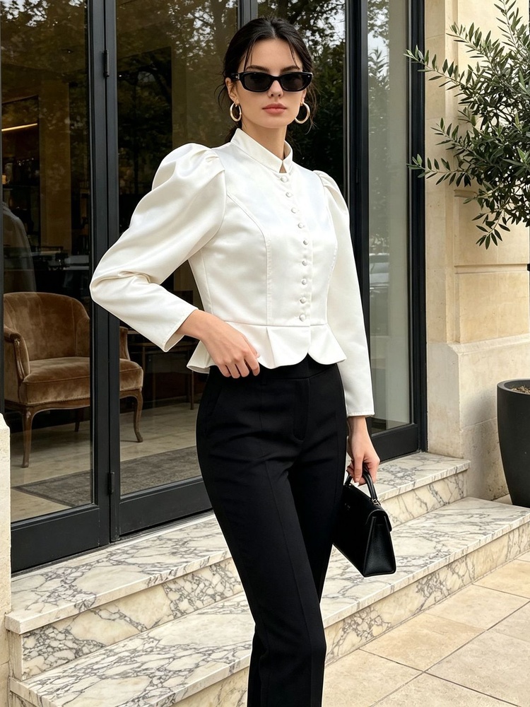 Peplum Blouse Long Sleeve Puff - Mandarin Collar Formal Shirt Slim Fit ulasan dan harga