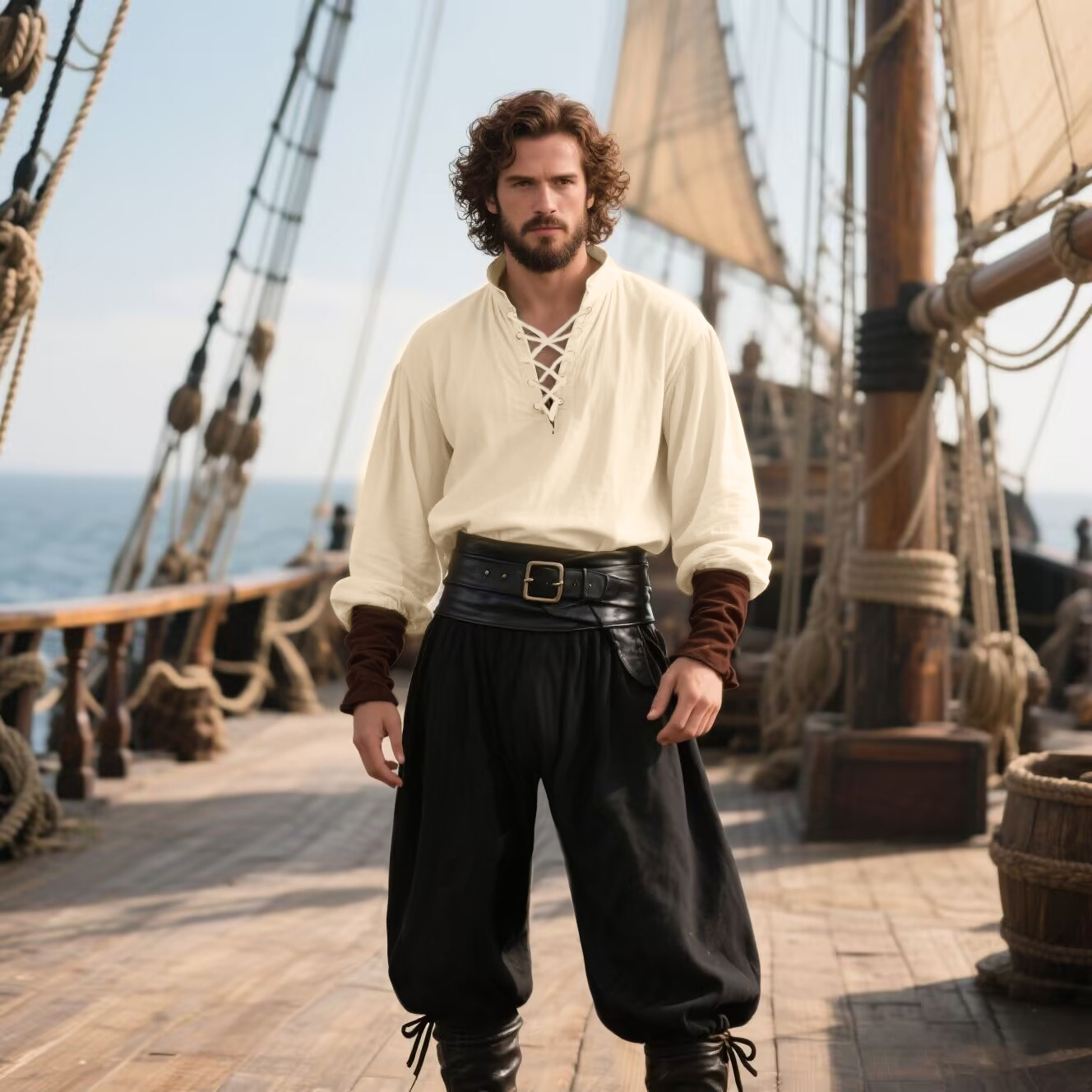 Halloween Pirate Costume Men's - Medieval Gothic Lace Up Pirate Shirt ulasan dan harga