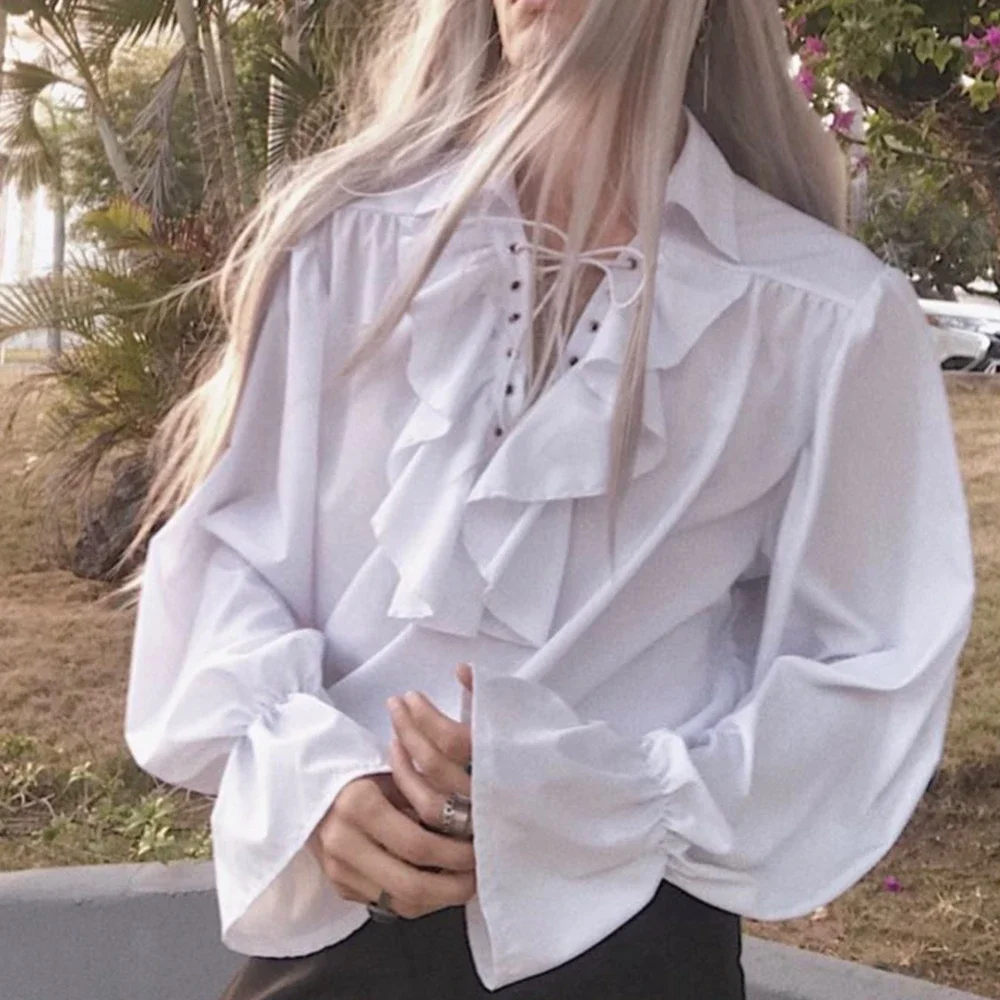 Men Pirate Shirt Vampire Princ - Medieval Gothic Lace Up Pirate Shirt ulasan dan harga
