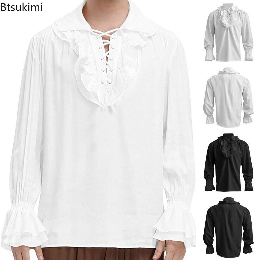 Men's Medieval Renaissance Pir - Medieval Gothic Lace Up Pirate Shirt ulasan dan harga
